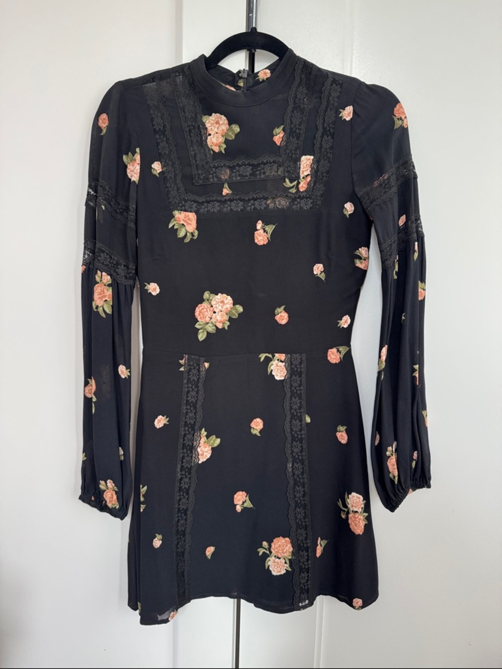 Reformation Black Mini Dress with Pink Floral Print and Lace Panels